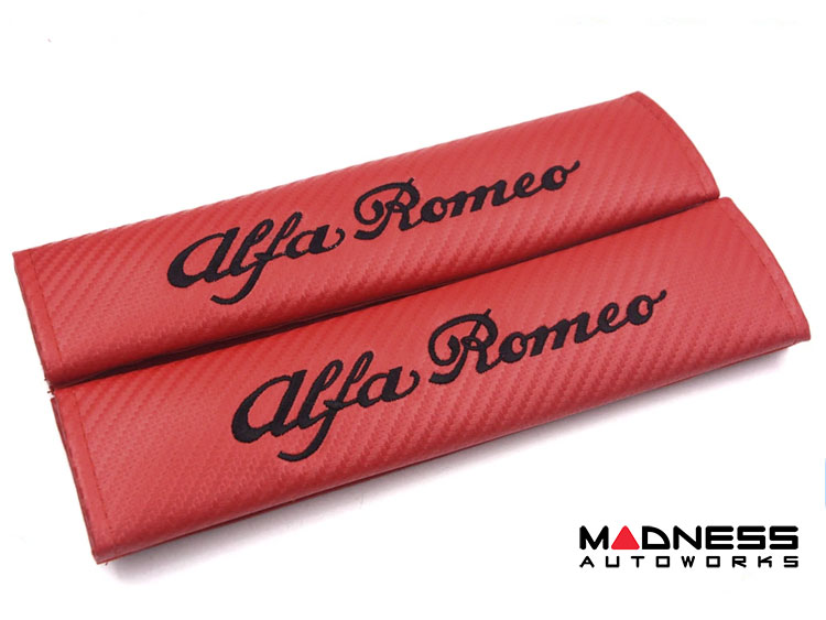 Seat Belt Shoulder Pads - set of 2 - Carbon Fiber look - Red w/ Black Alfa Romeo Logo 